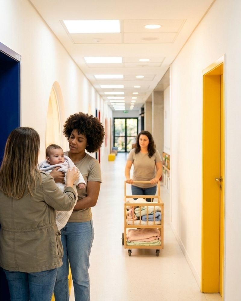 Corredor do berçário do Colégio EAG, com uma família chegando