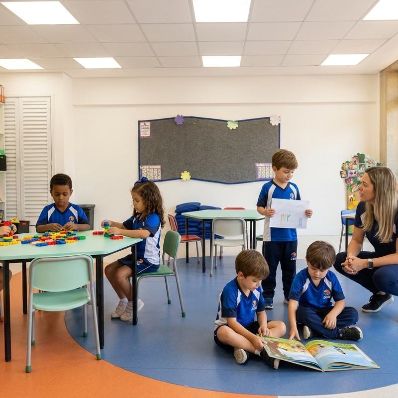 Sala de Educação Infantil do Colégio EAG, com mesas hexagonais e mural